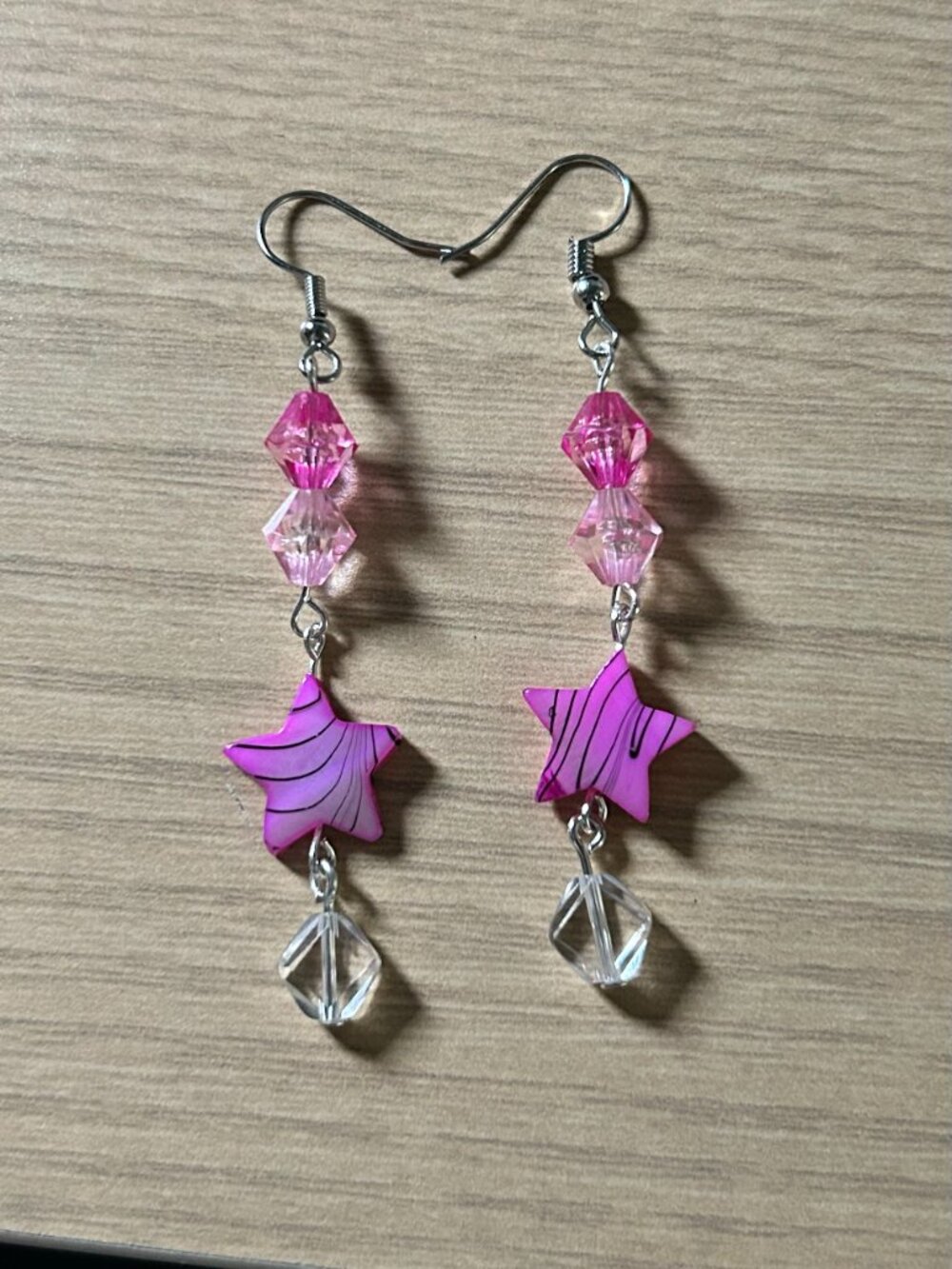 Handmade Pink Star & Faceted Crystal Bead Dangle Earrings
